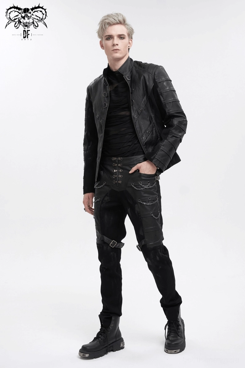 Herren Gothic Stehkragen Jacke Vorderansicht Vollkörper auf Model - tailierte Silhouette mit Stehkragen und Metallhardware-Details