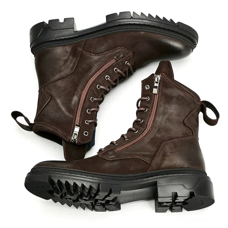 Gothic Lederstiefel Draufsicht mit Fersenverstärkung und Schnürmuster - dunkles Braun mit kräftigen Ösenbefestigungen und strukturierter Sohle