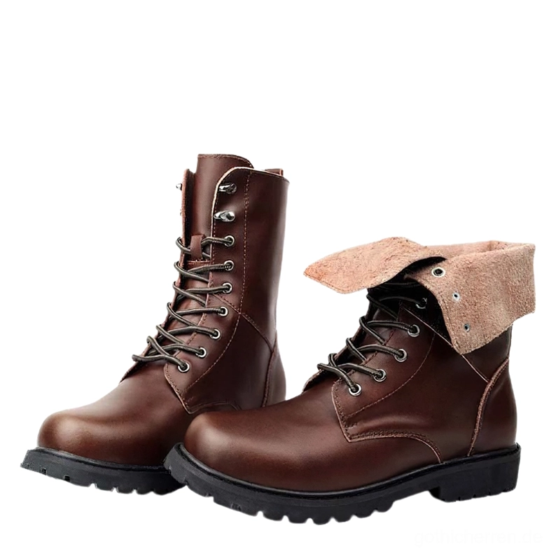 Braune Combat-Stiefel mit Umschlagkragen dreiviertels Vorderansicht mit Wildlederkragen und niedriger Profilsohle - Gothic
