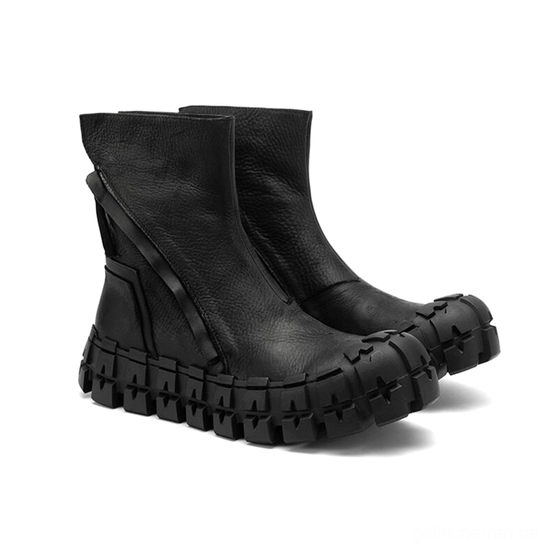 Gothic-Plattformstiefel mit exponiertem Reißverschluss-Hardware und blockiger Gummisohle mit klobigem Profil Detailansicht