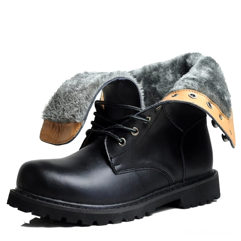 Schwarze gothische Combat-Stiefel mit Fleece-Pelzfutter und Umschlagkragen - warmer Winter-Gothic-Look für Herren
