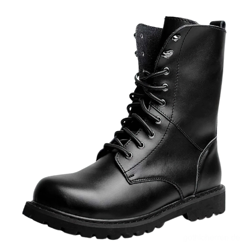 Schwarze Ledermotorradstiefel Seitenprofil mit industriellen Metalllöchern und poliertem Lederfinish - Schnürstiefel Details