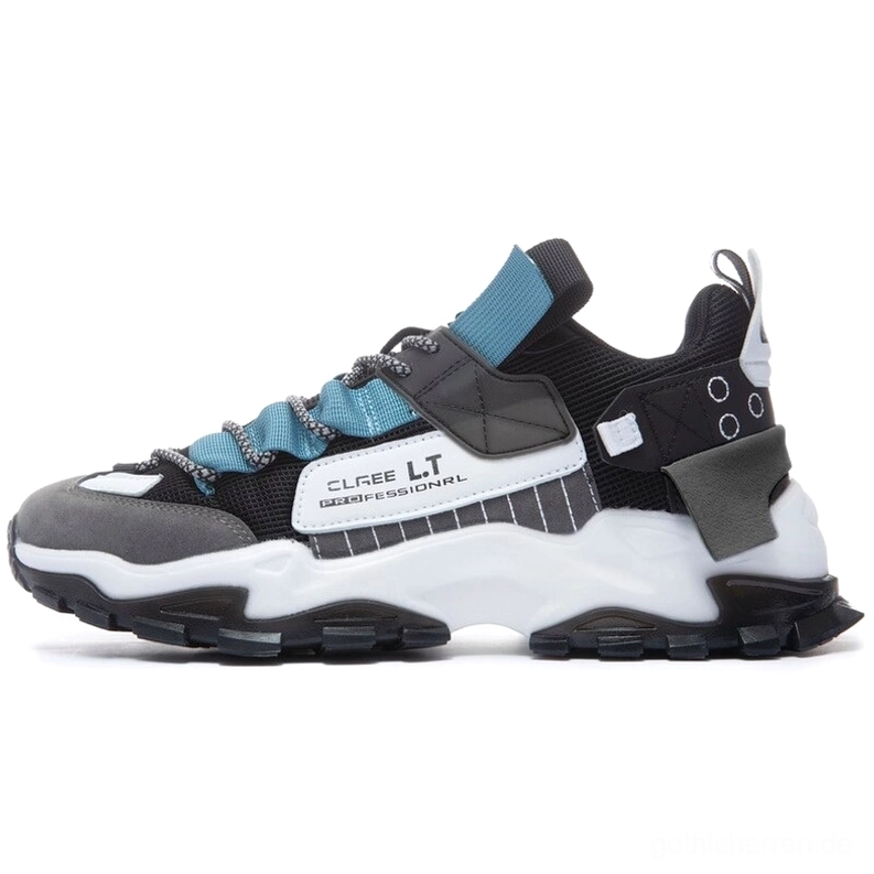 Alternative Streetwear Turnschuhe Seitenprofil Grau-Türkis-Akzent Markenlogo Chunky Gummisohle Urban Style