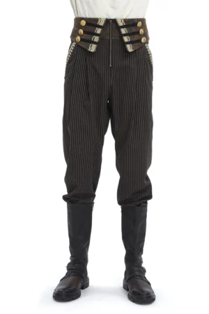 Gothic Streifenhose mit Goldknöpfen Vorderansicht – hochwertige High-Waist Hose mit vertikalem Streifenmuster und eleganten Knopfverzierungen