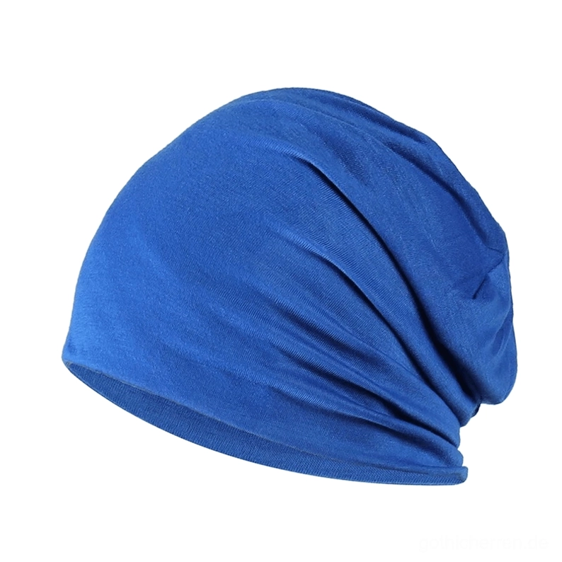 Royal-Blau Gothic Strickmütze mit drapiertem Stoff-Design, zeigt elastische Eigenschaften und weiche Baumwoll-Mischung