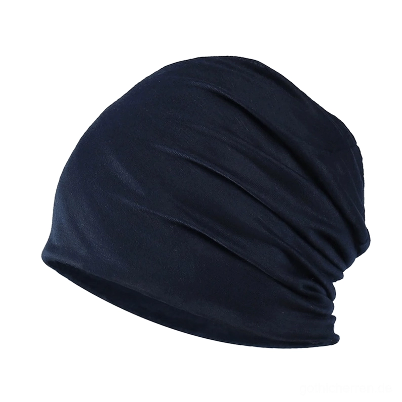 Dunkelblau Gothic Beanie mit Stretch-Passform, minimalistische dunkle Ästhetik und glatte elastische Stofftextur