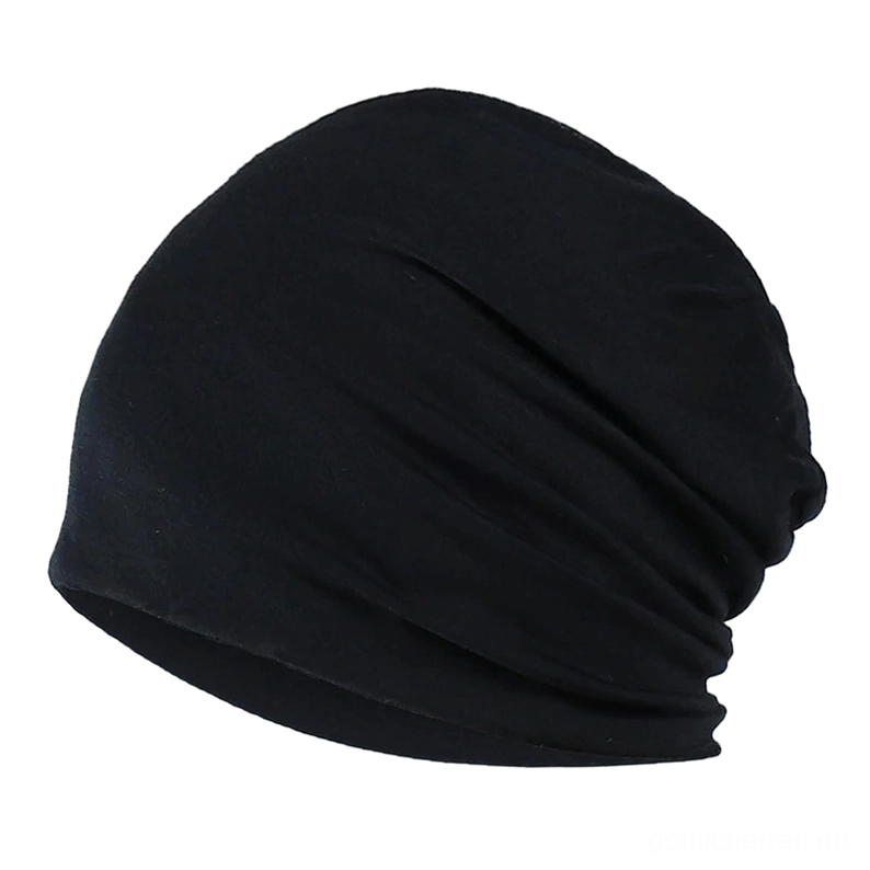 Schwarze Gothic Strickmütze mit natürlichem Stoff-Drape, minimalistischem Design und weichem Stretch-Material in Vorderansicht
