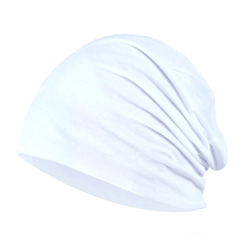 Weiße minimalistische Gothic Beanie mit sauberen Linien, sanfte Stoff-Drapierung und elegante Stretch-Konstruktion