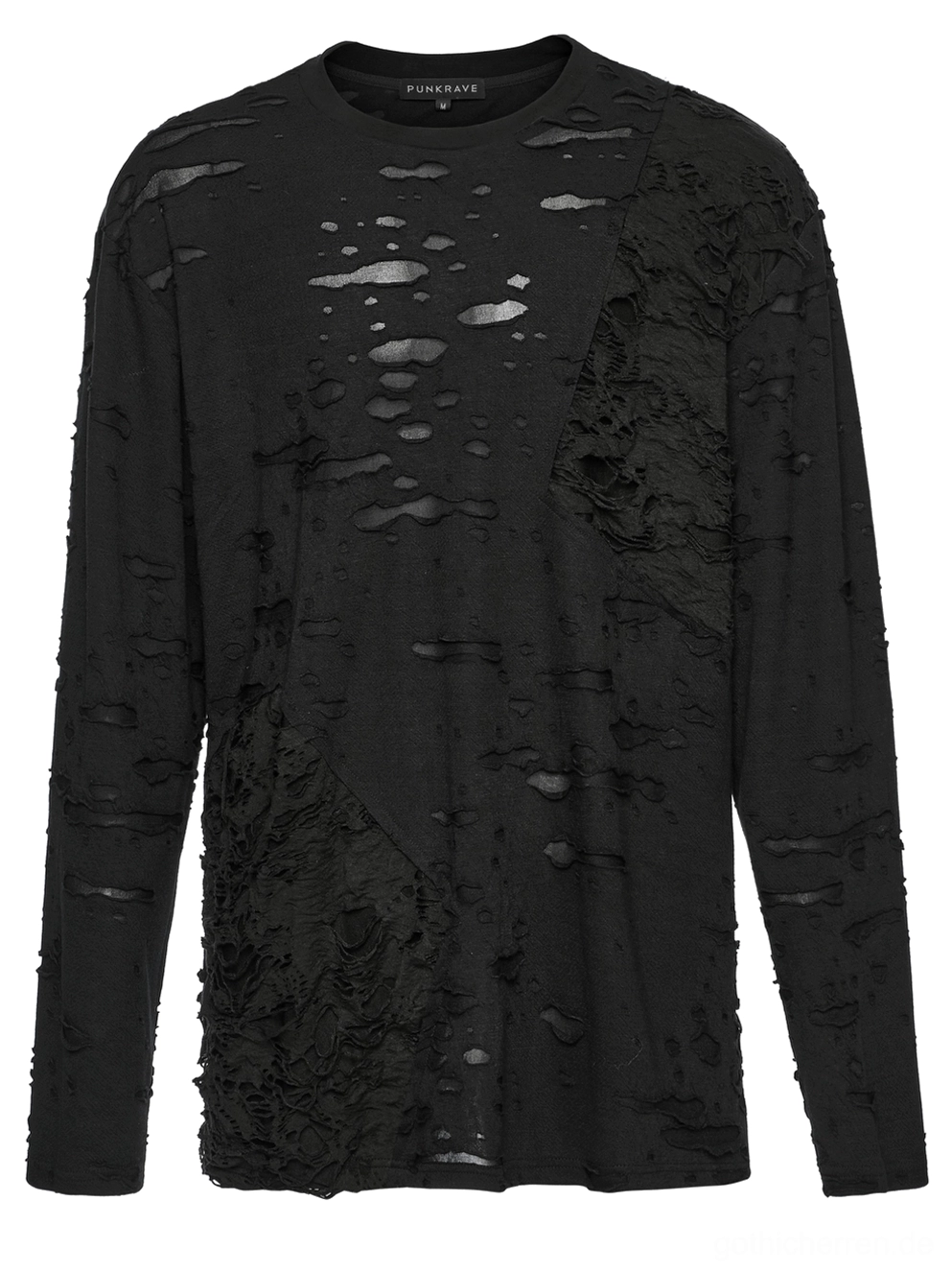 Distressed schwarzer Gothic Strickpulli Flat Lay Vorderansicht mit geripptem Rundhals und tattered zerrissenen Design Details