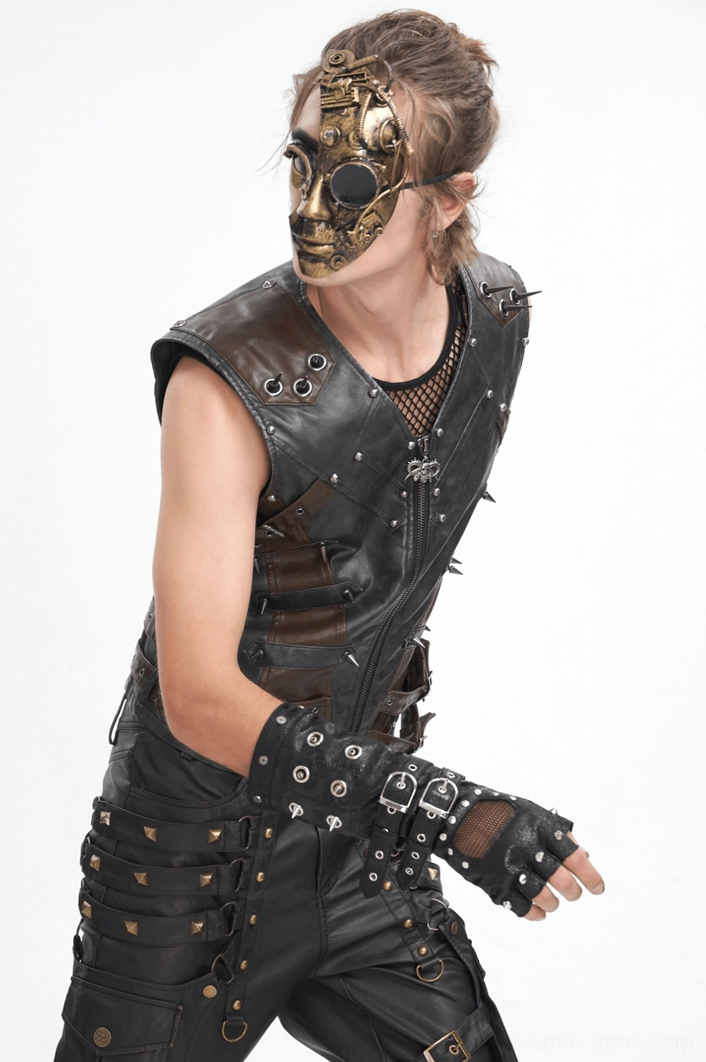 Gothic Fingerlose Lederbandschuhe Produktfoto mit kompletten Design inklusive Metallnieten, verstellbaren Schnallen, Mesh-Panels und dunkler Ästhetik