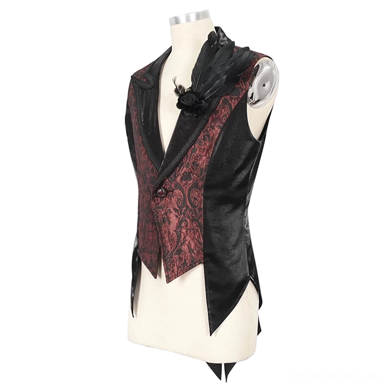 Gothic swallowtail anzugweste linke schrägansicht auf mannequin zeigt schwarze satin-kontrastpaneele, strukturierte silhouette, armloch-satintrimmen, damast-jacquard-muster, elegante schneiderei