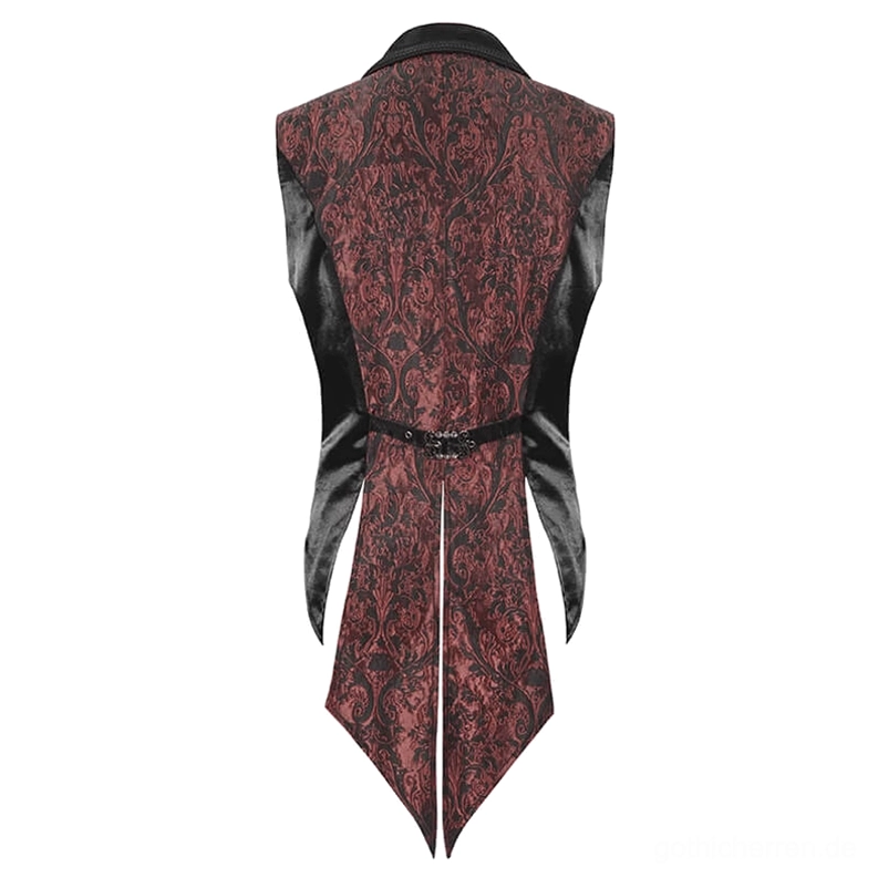 Gothic swallowtail anzugweste rückansicht auf schneiderpuppe zeigt vollständiges damast-stoff-muster, maßgeschneiderte silhouette, split-long-tail-saum, symmetrische konstruktion, formale gothic-qualität