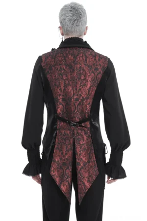 Gothic swallowtail weste rückansicht mit verstellbarem taillen-gürtel, vintage-scrollwork-schnalle, damast-jacquard-gesamtrückseite, charakteristischer schwalbenschwanz-saum mit schwarzen satinpaneelen-detail