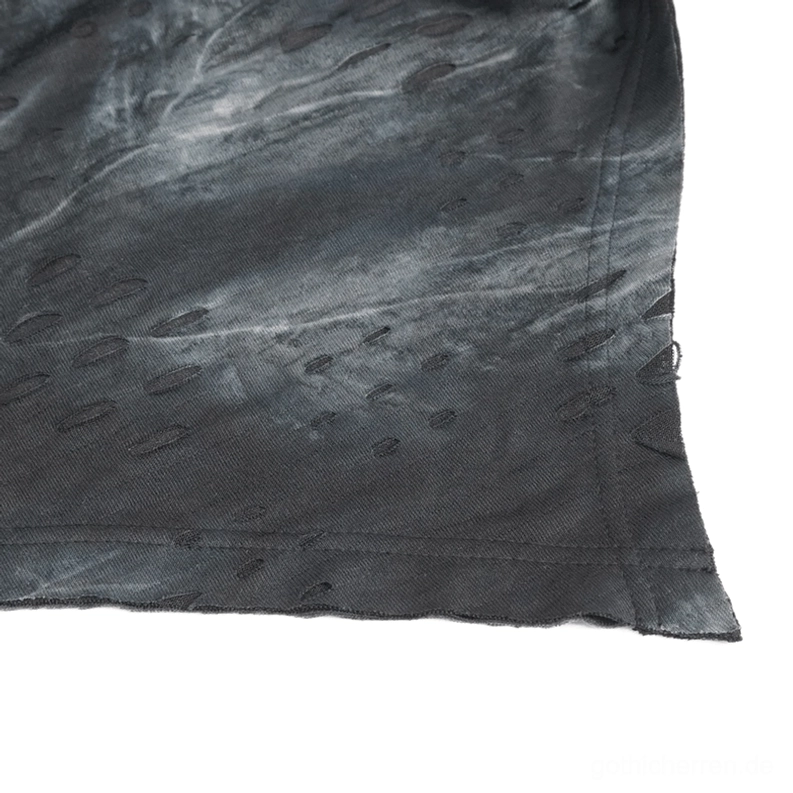 Herren-Gothic Sweatshirt-Stoff Nahaufnahme, schwarzes Anthrazit Tie-Dye-Muster, perforierte Lücken, weiches Polyester-Material, gestrickte Texturdetails
