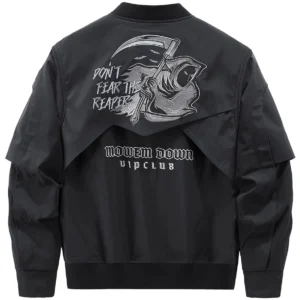 Gotische Tactical Bomber Jacke mit großem Sensenmann Rücken Stickerei - schwarzes Nylon Windbreaker mit Stehkragen und detailreicher Rückseite Bestickung