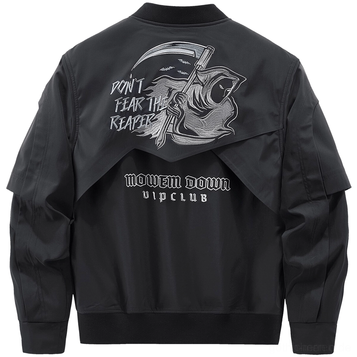 Gotische Tactical Bomber Jacke mit großem Sensenmann Rücken Stickerei - schwarzes Nylon Windbreaker mit Stehkragen und detailreicher Rückseite Bestickung