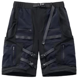 Gothic Tactical Cargo Shorts Vorderansicht Flatlau – schwarze Multi-Pocket Utility Design mit Webbing-Akzenten und Farbblocking-Details