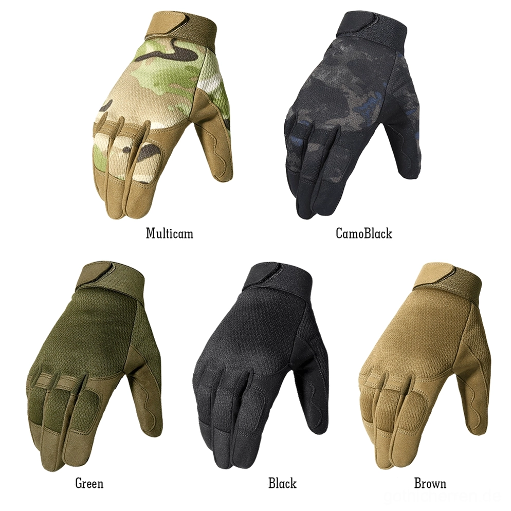 Komplette Sammlung von fünf Gothic Tactical Handschuh-Varianten in verschiedenen Farben: Midnight Black, Olive Green, Camo Black, Multicam und Khaki Tan
