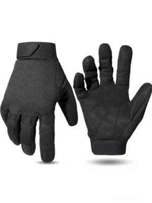 Schwarze Gothic Tactical Vollfingerhandschuhe mit strukturierter Wildleder-Handfläche und verstärktem Mikrofaser-Grip, Frontalansicht
