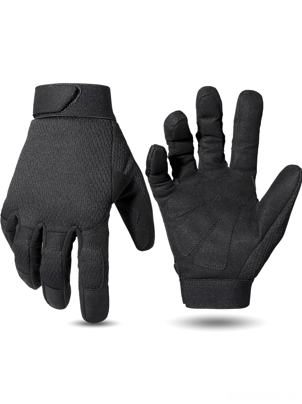 Schwarze Gothic Tactical Vollfingerhandschuhe mit strukturierter Wildleder-Handfläche und verstärktem Mikrofaser-Grip, Frontalansicht