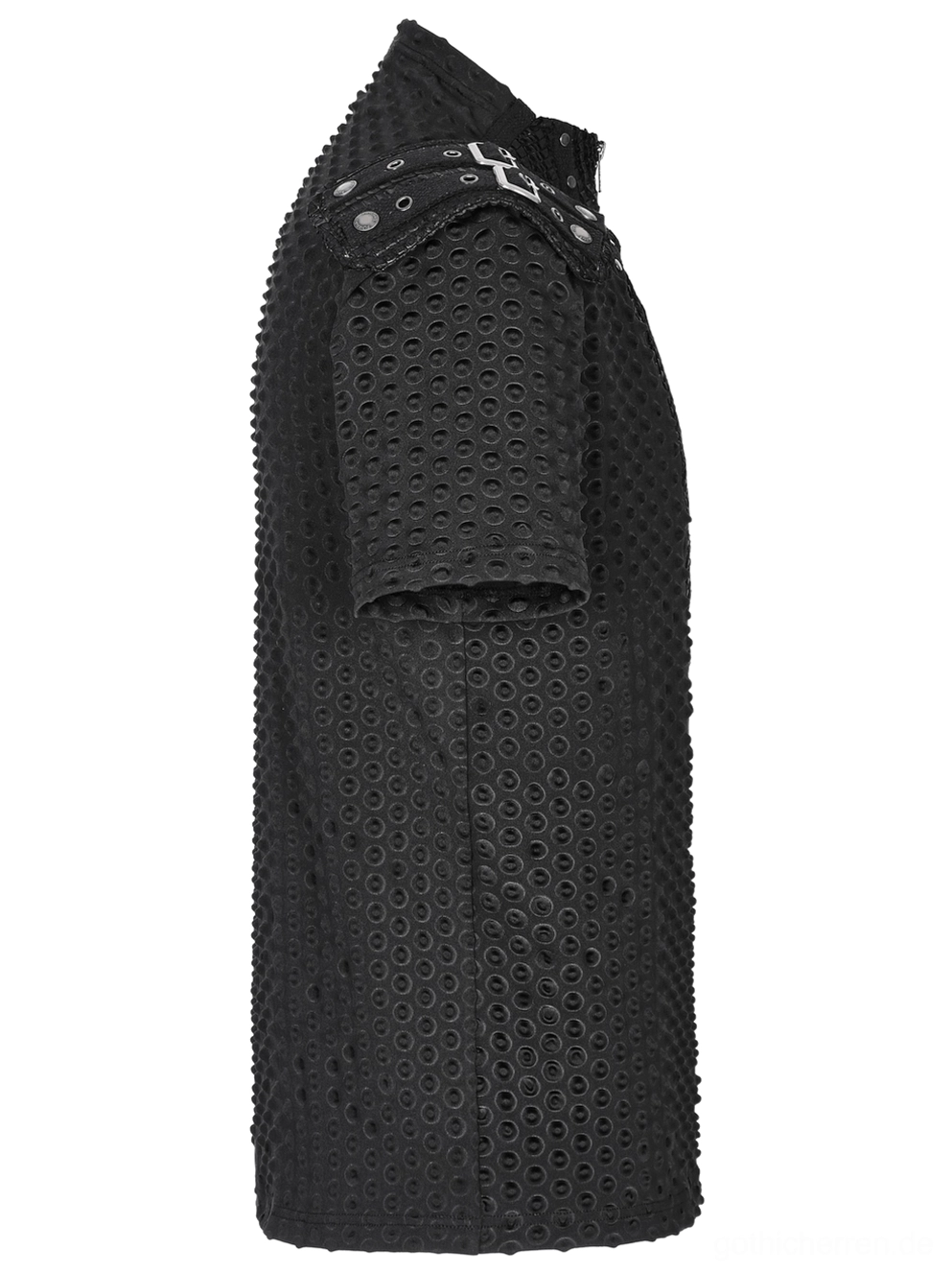 Gothic-Tactical-Shirt Seitenprofil, Flachlage mit schmal geschnittener Kurzarm-Silhouette und verstellbarem Schultergurt-Hardware-System