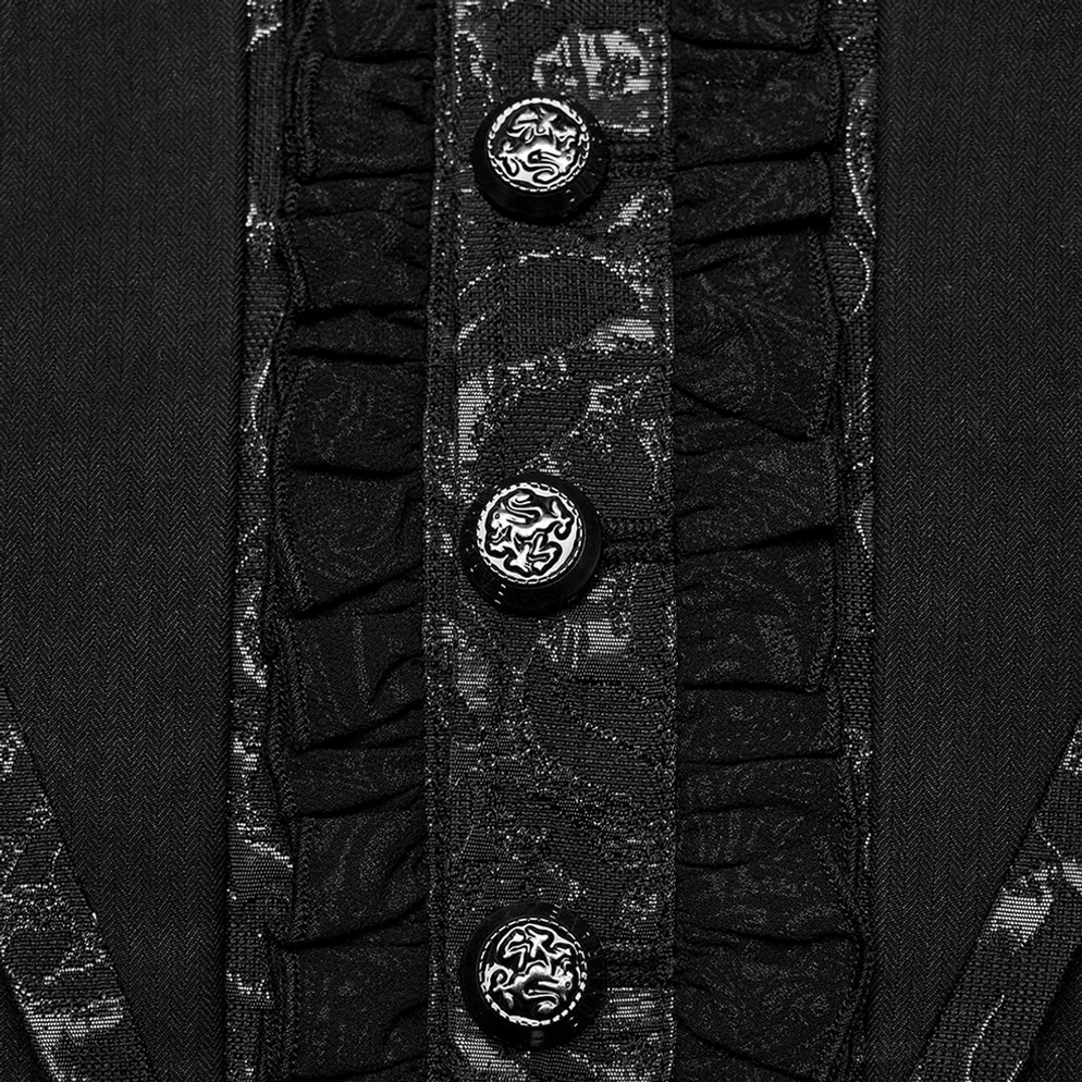 Detailaufnahme von geprägt-metallischen Knöpfen und gemusterter Spitzenverzierung auf schwarzem viktorianischem Gothic Tailcoat, zeigt Material-Textur und Handwerkskunst der Vorderleiste