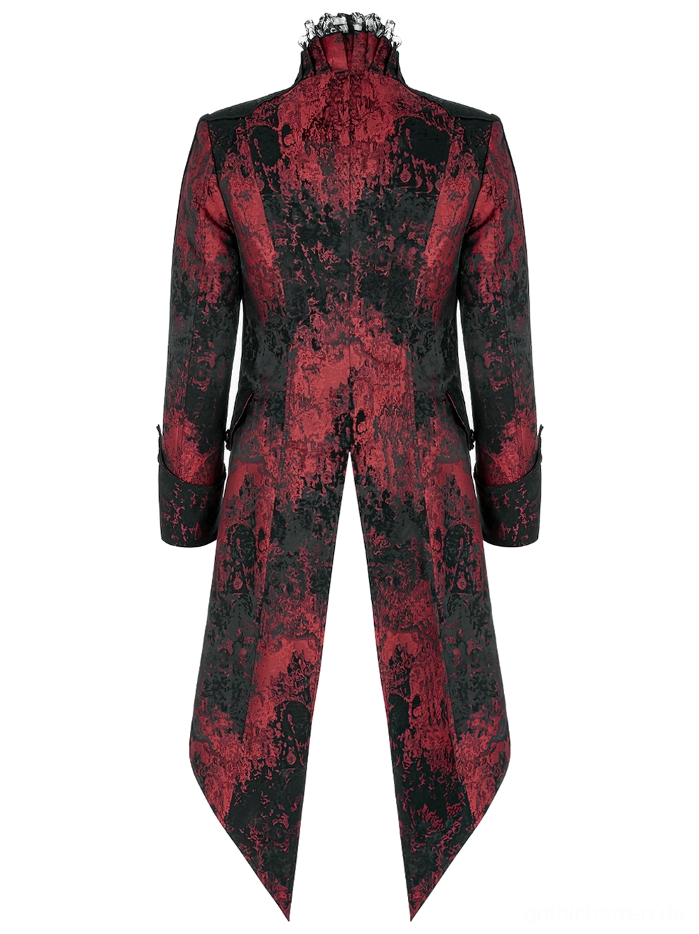 Gothic Tailcoat Rückflachlage mit hochstehend Spitzenkragen und dekorativem Schwalbenswanz