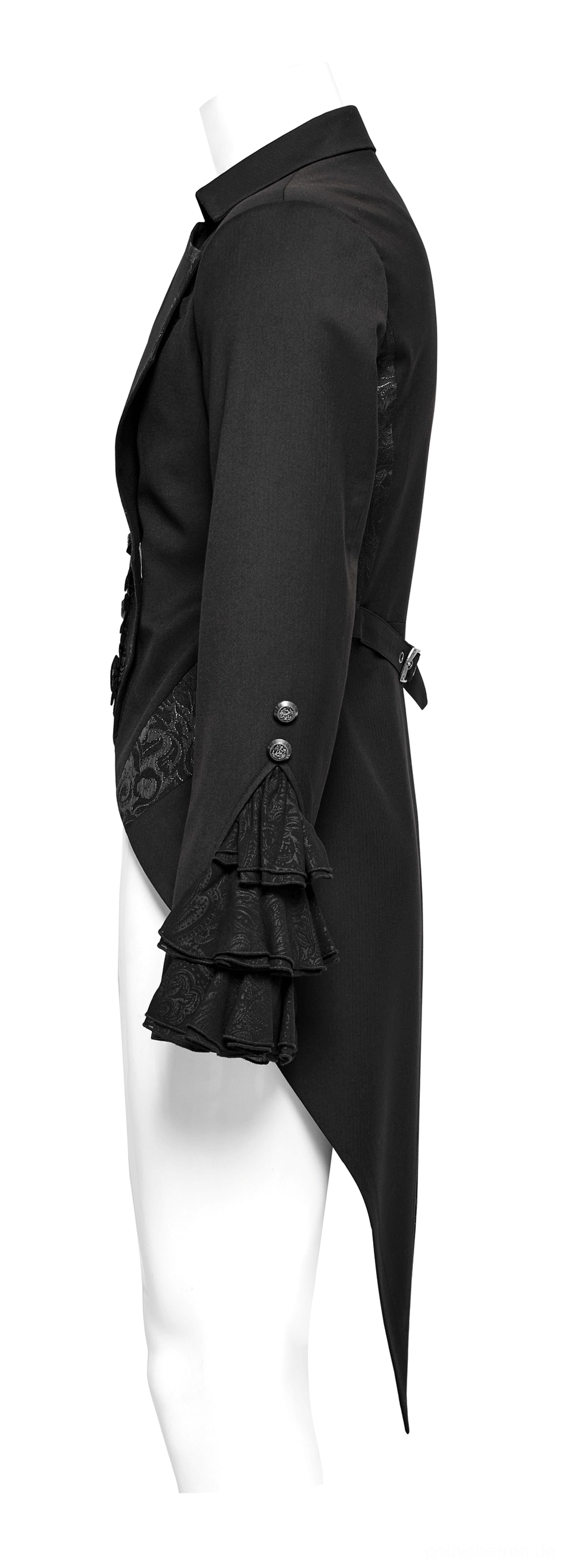 Viktorianischer Gothic Tailcoat Seitenprofil-Ansicht auf Schneiderpuppe, schlanke maßgeschneiderte Silhouette mit langen gerüschten Manschetten, gespaltener hinteren Schößsaum und strukturierten Schulterpolstern