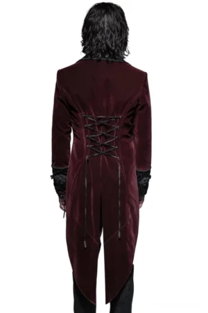 Weinroter Gothic Tailcoat mit Schnür-Korsett-Rücken und getrenntem Schwanz-Saum in Rückansicht auf weißem Studio-Kulisse