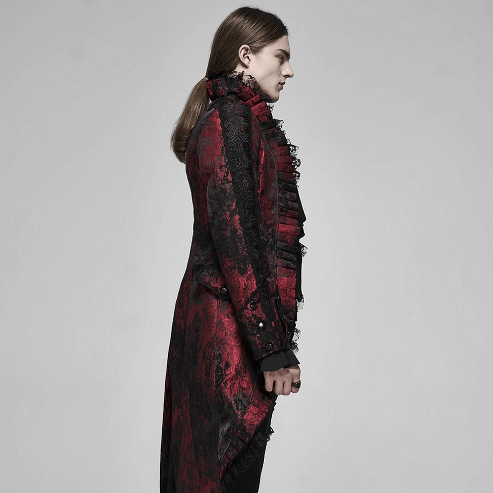 Farb- und Jacquard-Musterdetail des Gothic Tailcoat in Weinrot-Ton mit schwarzen Untertönen
