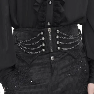 Detailaufnahme schwarzer Gothic Taillengürtel vorne mit funktionalem Reißverschluss und mehrschichtigen metallischen Kettenelementen close-up Vorderansicht