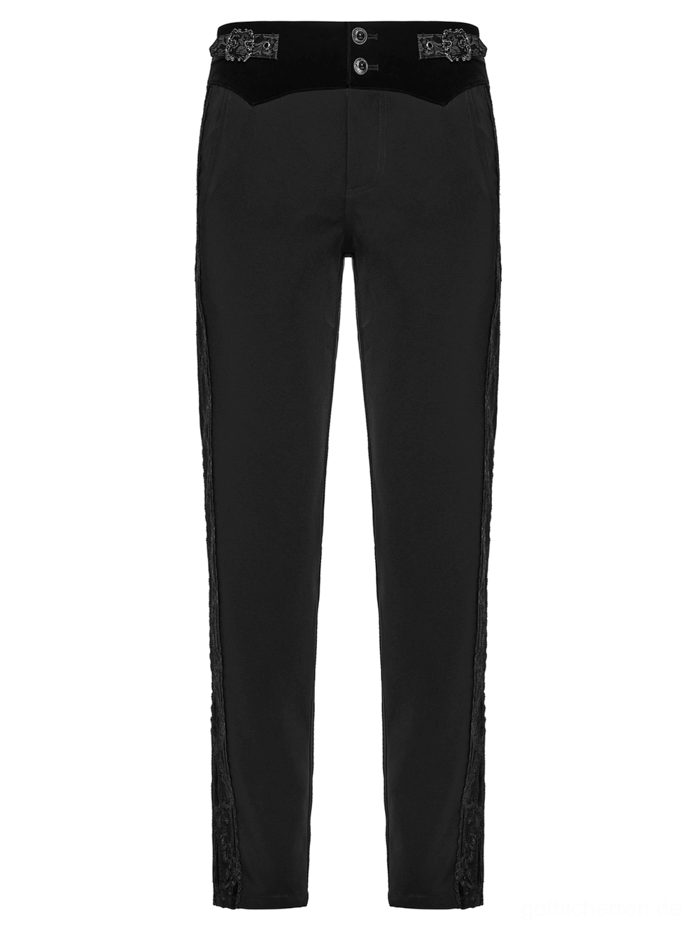 Vorderansicht des schwarzen gotischen Tailored-Pants mit Doppelknopfverschluss, dekorativem Samtbund und vertikalen Spitzenseitenpaneelen