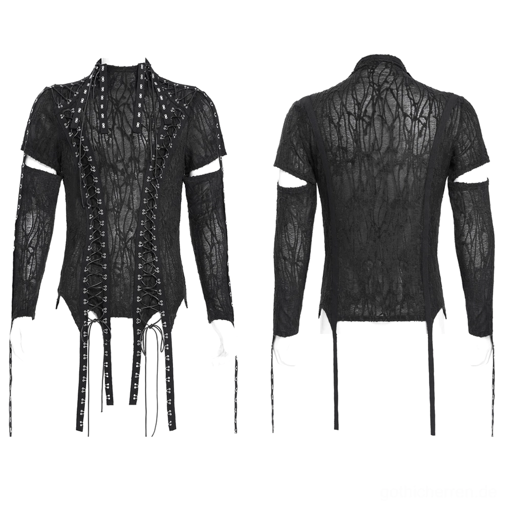 Herren Gothic Tank mit Korsett-Front-Schnürung und architektonischen Cutout-Ärmeln - Flat-Lay Ansicht von Vorder- und Rückseite