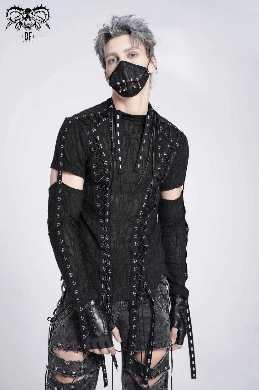 Herren Gothic Tank mit Korsett-Front-Schnürung - detaillierte Ansicht der Designkonstruktion, Nieten-Ösen und Schnürkordel-System