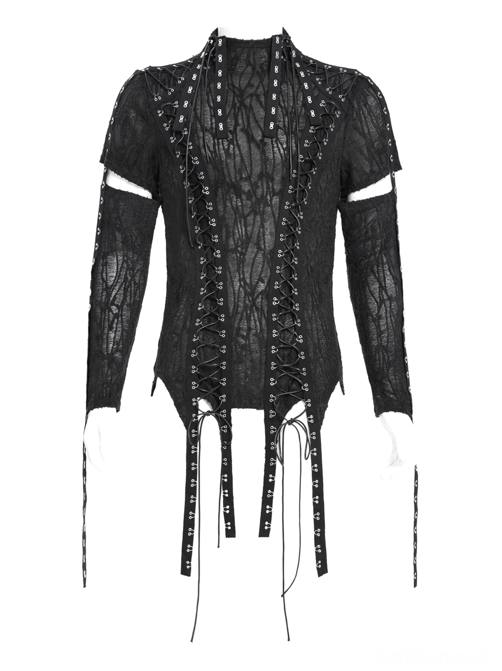 Schwarzes Gothic Mesh Tank Top - Vorderansicht zeigt Nieten-Ösen und schwarze Schnürkordel-Details, halbdurchsichtiges Riss-Muster-Mesh