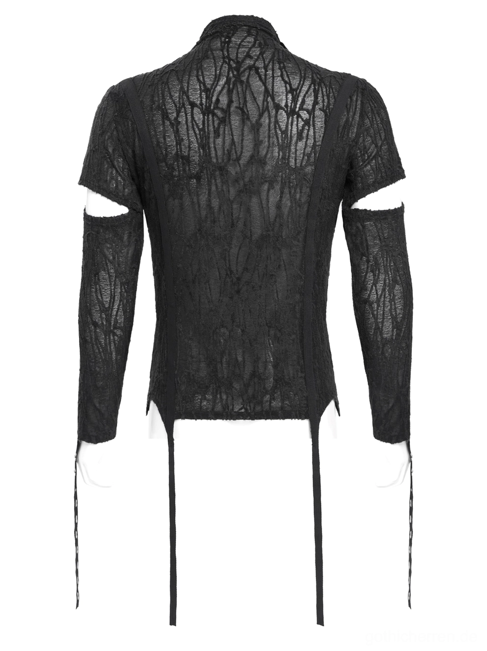 Gothic Mesh Tank Rückansicht - halbdurchsichtiges strukturiertes Riss-Mesh mit Stehkragen und Saum-Quasten-Details