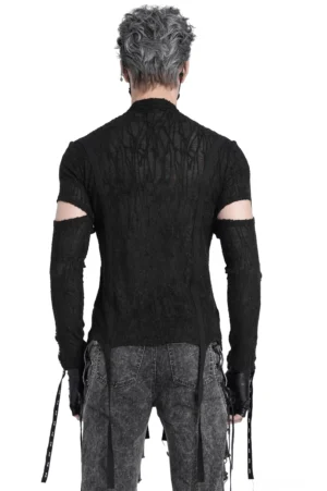 Gothic Lacing Tank Rückseite - schwarzes halbdurchsichtiges Mesh mit Nieten-Schnürung und Arm-Cutouts, zeigt transparentes Riss-Textur-Design