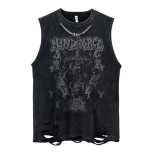 Gothic Muskelshirt mit Schwert-Rosen-Grafik und silberner Kettengarnitur, Vorderansicht, distressed schwarzes Baumwoll-Tanktop mit MINDFORCE-Druck