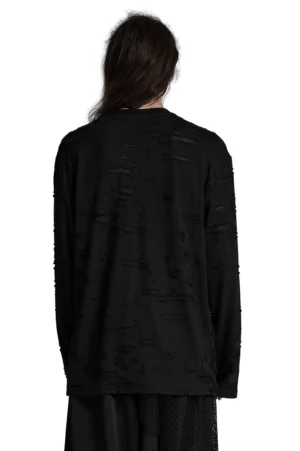 Distressed Gothic Langarm Strickpulli Rückansicht mit unregelmäßigen zerrissenen Panel Details und mehrlagiger Distressing-Textur
