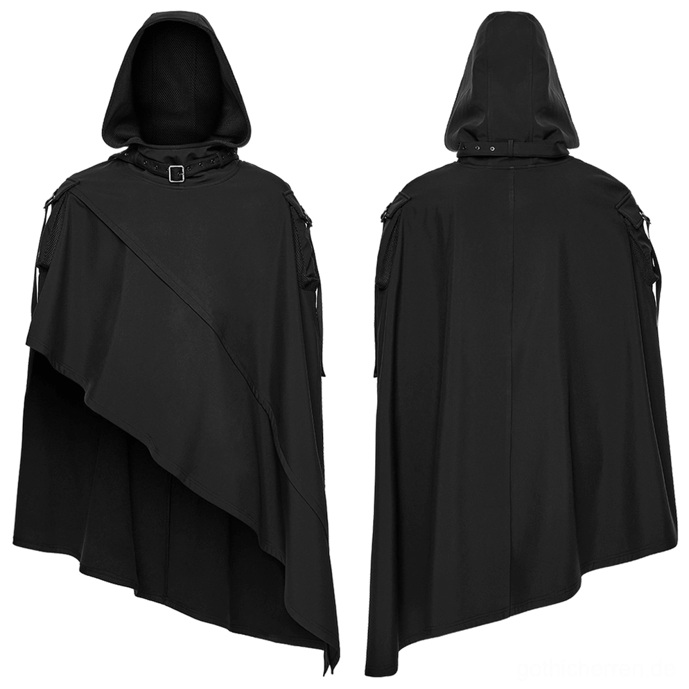 Gothic Wasteland Techwear Cape Vorder- und Rückansicht Flat-Lay Design mit asymmetrischer Schnittführung, Metallkragenbuckle und vollständiger Silhouette