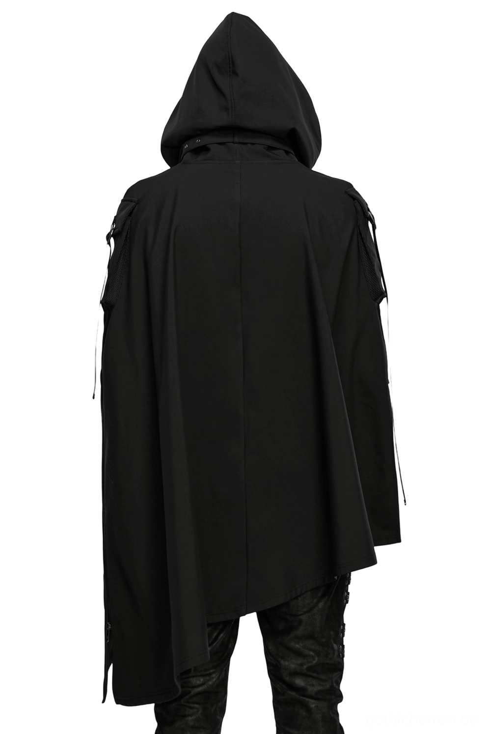 Wasserdichter Gothic Wasteland Cape Rückansicht mit asymmetrischer Saumlinie, matte schwarze Polyester-Oberfläche und Schultergurt-Konstruktionsdetails