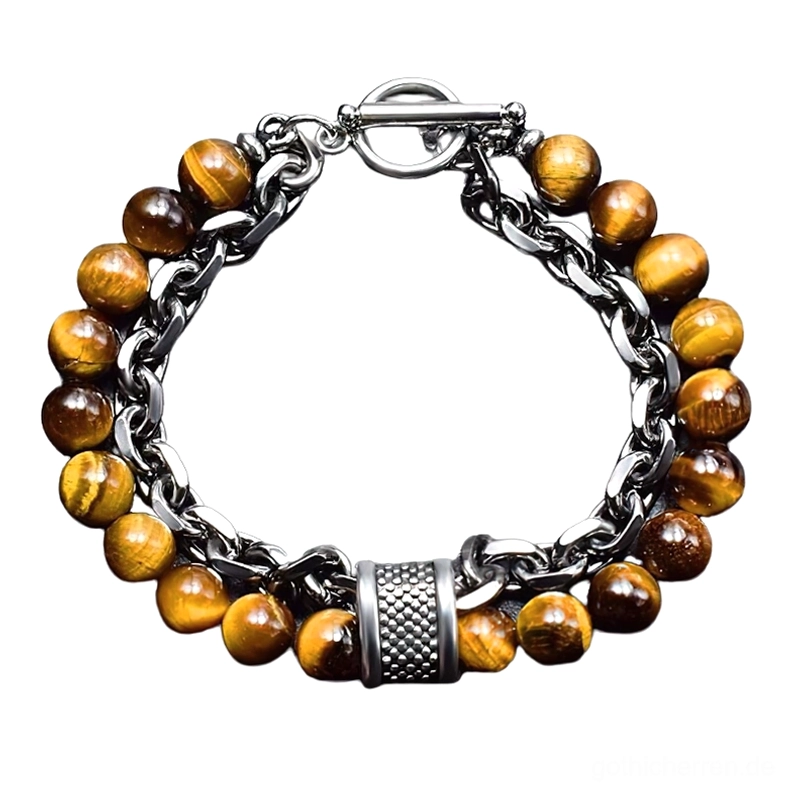 Tigerauge Naturstein Perlen-Armband in Braun-Gold Tönen mit Silberkette und sicherem Toggle-Verschluss – gotisches Unisex-Design