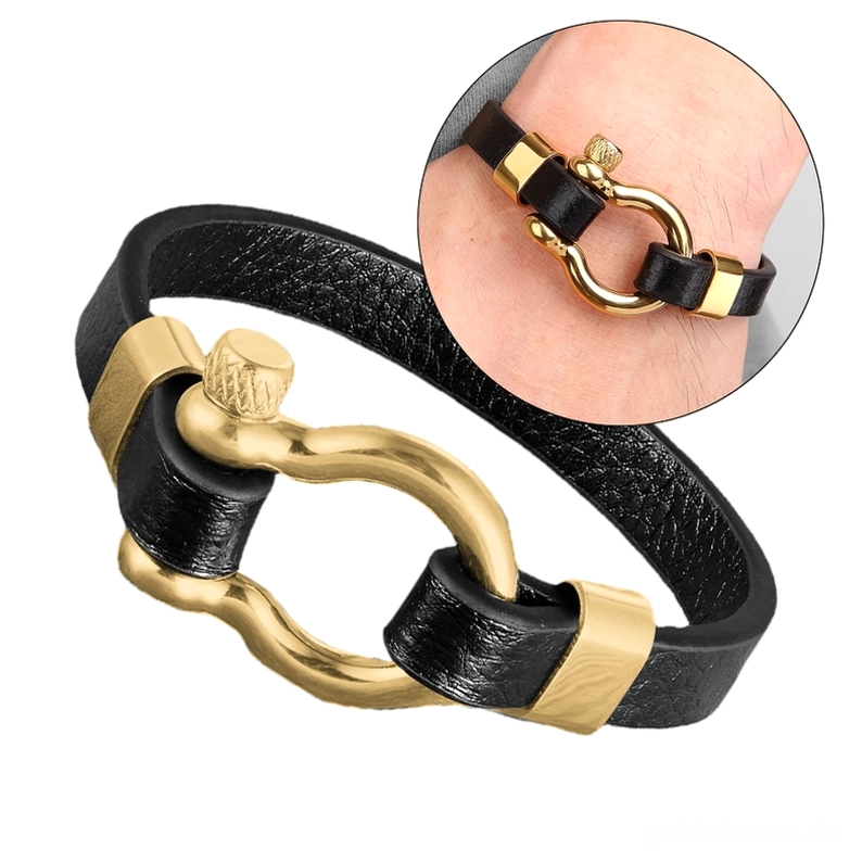 Goldfarbenes Gothic-Kreis-Toggle-Lederarmband - barocke Minimalismus trifft Industrial-Style mit gehärtetem Edelstahl
