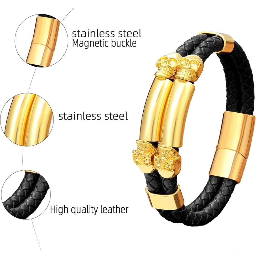 Detaillierte Nahaufnahme eines Gothic-Totenkopf-Armbands zeigt magnetische Schnalle, Edelstahl-Konstruktion und geflochtenes Lederdetail
