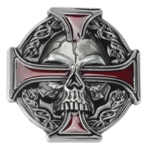 Punk Metall Gürtelschnalle mit 3D Totenkopf rote Email-Kreuz und Silber-Finish Hauptprodukt-Ansicht Gothic dunkel Accessoire