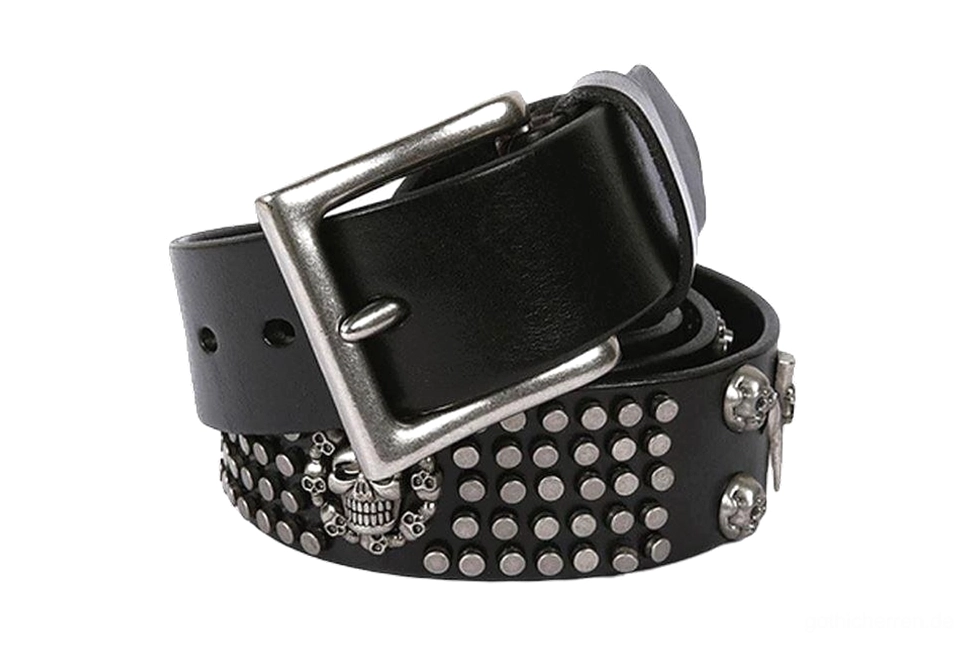 Schwarzer Gothic-Totenkopf-Ledergürtel mit Nieten und silberner Doppelstift-Schnalle, detaillierte Seitenansicht der Metallornamente