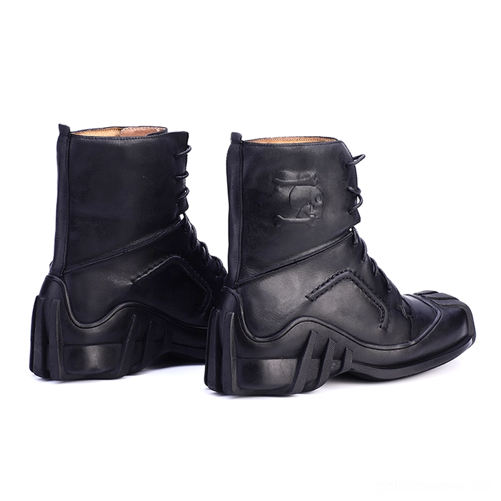 Gothic-Totenkopf-Lederstiefel Größentabelle und Styling-Ratgeber Detailansicht mit Messrichtlinien und Größenkonvertierungen für europäische und US-Größen