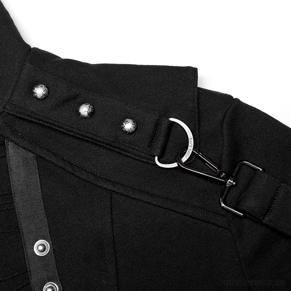 Gothic Mantel Hardware Nahaufnahme - Metalldruckknöpfe D-Ring Schnalle und schwarze Stoff-Textur-Detail des gewebten Materials
