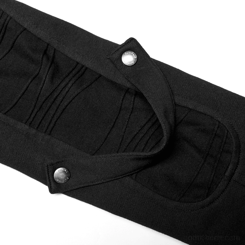 Gothic Trenchcoat Nieten- und Kragen-Detail - asymmetrischer Hochkragen-Architektur mit industriellen Metallverzierungen vergrößert