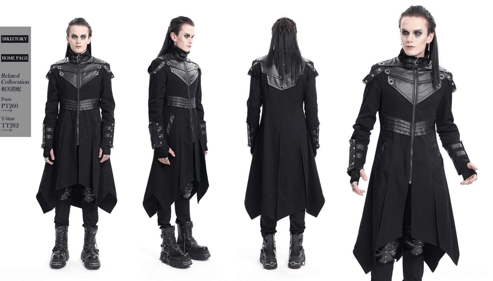 Schwarzer Gothic-Trenchcoat Gesamtästhetik, zeigt Punk-Industrial-Stil, Metalldetails, Kunstleder und dramatische theatralische Silhouette